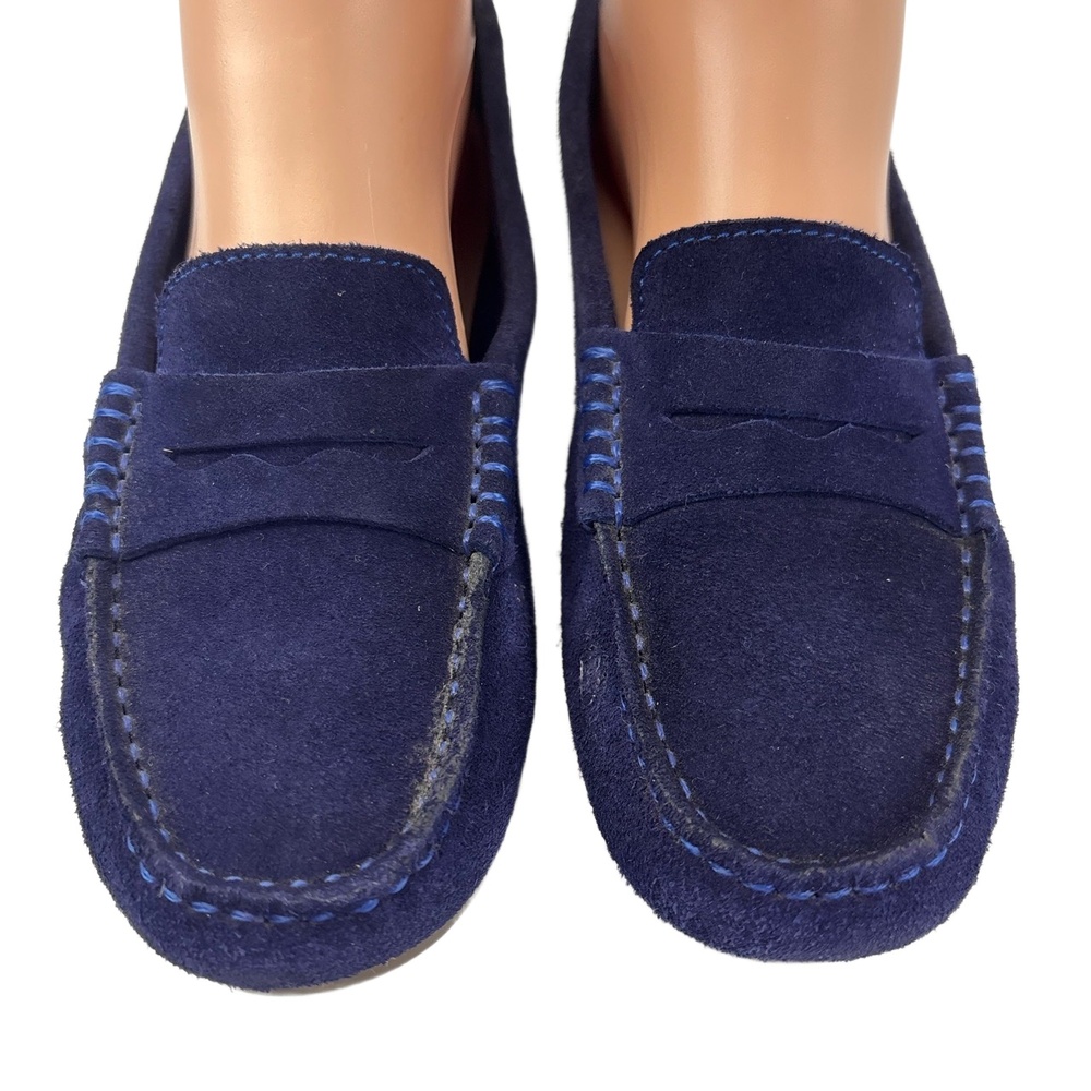 Navy Blue Suede Moccasin Flats with Penny Strap